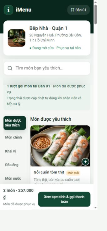 Menu QR iMenu trên điện thoại với món ăn, danh mục và tổng tạm tính